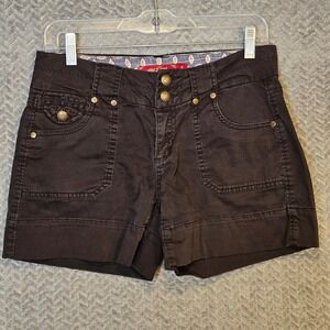 Y2K Boho Utility Cargo Shorts‎ Dark Brown Size 4 Brass Buttons Indie Festival